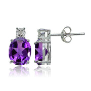 Sterling Silver African Amethyst and Diamond Accent Oval Drop Stud Earrings