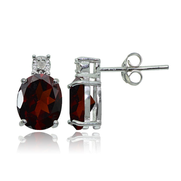 Sterling Silver African Garnet and Diamond Accent Oval Drop Stud Earrings