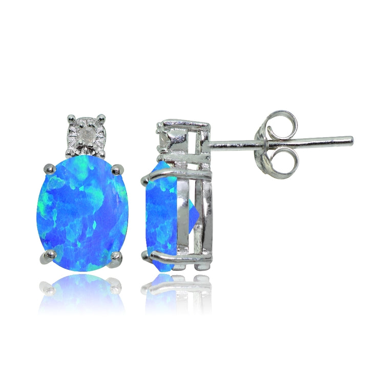 Sterling Silver Created Blue Opal and Diamond Accent Oval Drop Stud Earrings