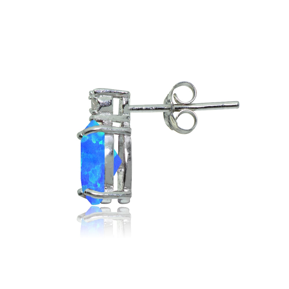 Sterling Silver Created Blue Opal and Diamond Accent Oval Drop Stud Earrings-3