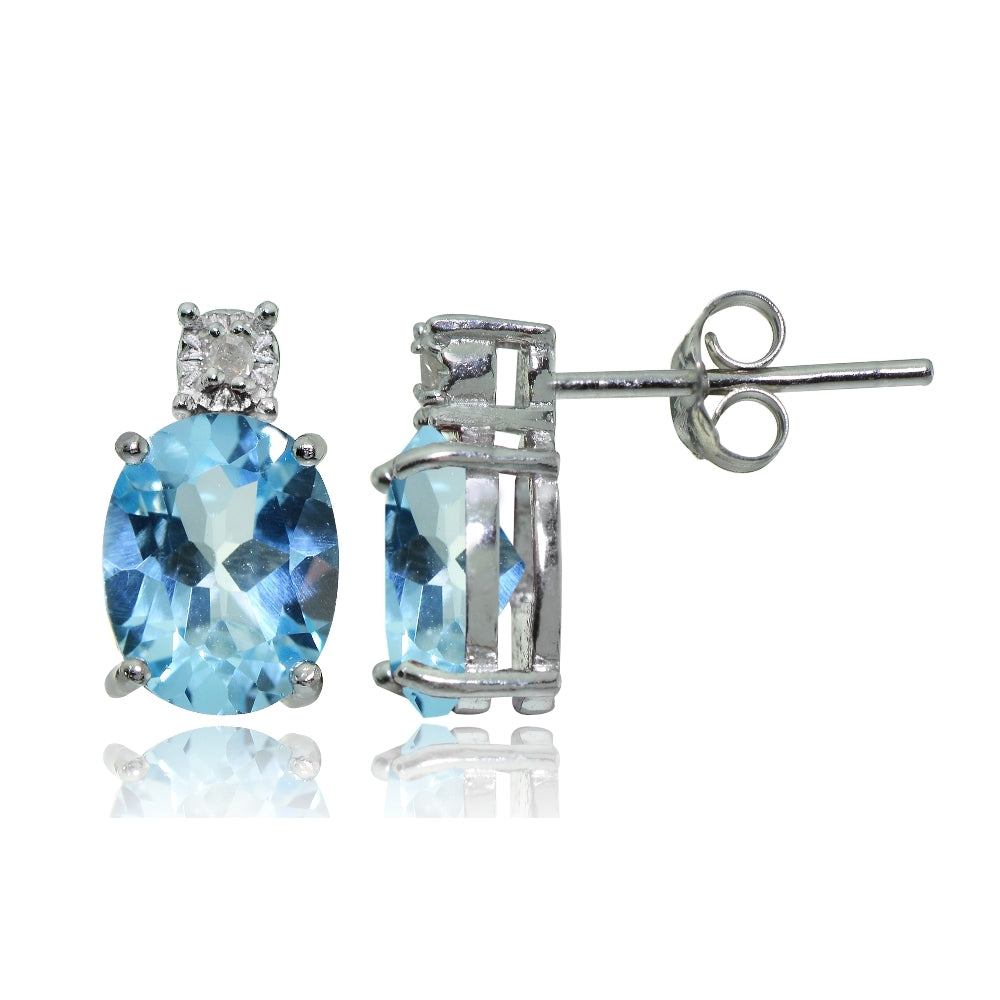 Sterling Silver Blue Topaz and Diamond Accent Oval Drop Stud Earrings