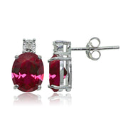Sterling Silver Created Ruby and Diamond Accent Oval Drop Stud Earrings