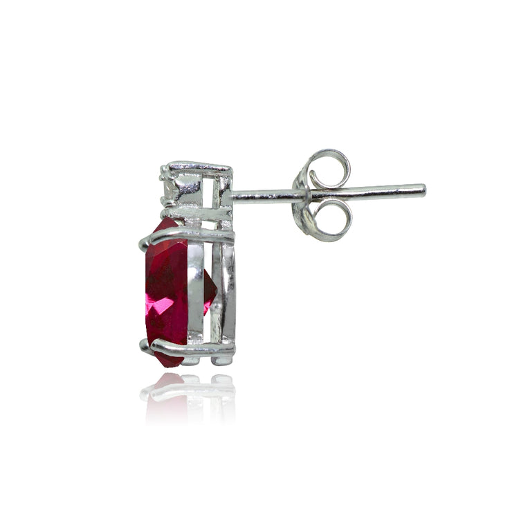 Sterling Silver Created Ruby and Diamond Accent Oval Drop Stud Earrings