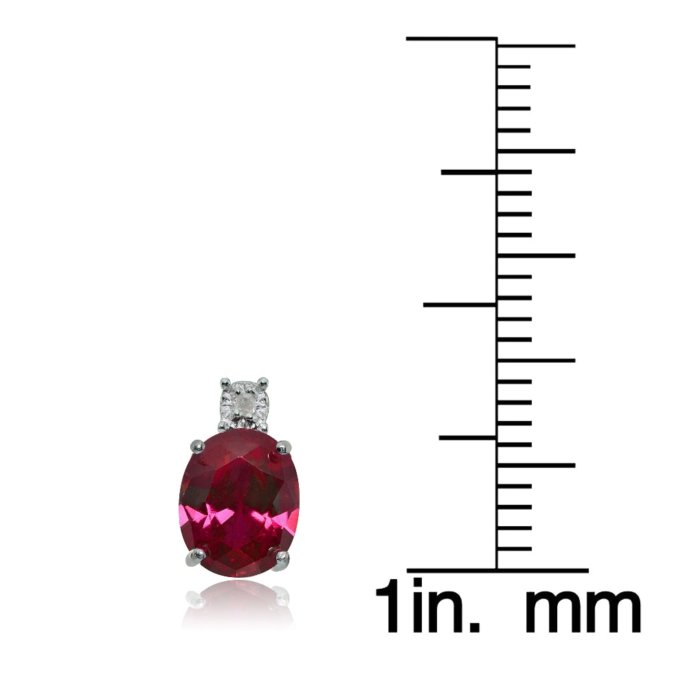 Sterling Silver Created Ruby and Diamond Accent Oval Drop Stud Earrings-3
