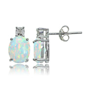 Sterling Silver Created White Opal and Diamond Accent Oval Drop Stud Earrings