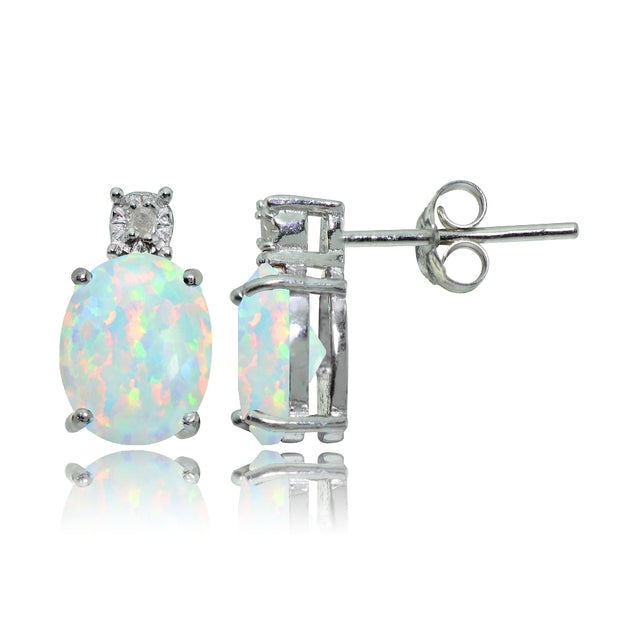 Sterling Silver Created White Opal and Diamond Accent Oval Drop Stud Earrings