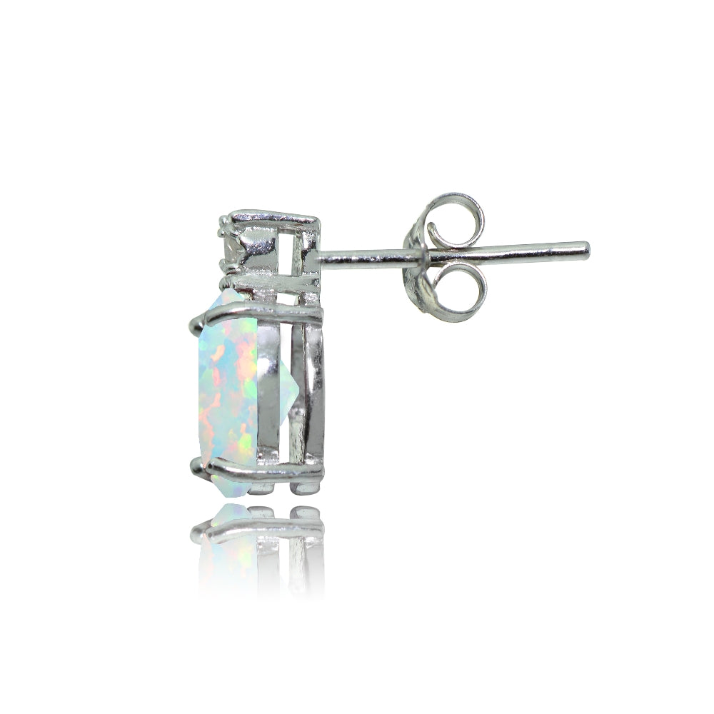 Sterling Silver Created White Opal and Diamond Accent Oval Drop Stud Earrings-2