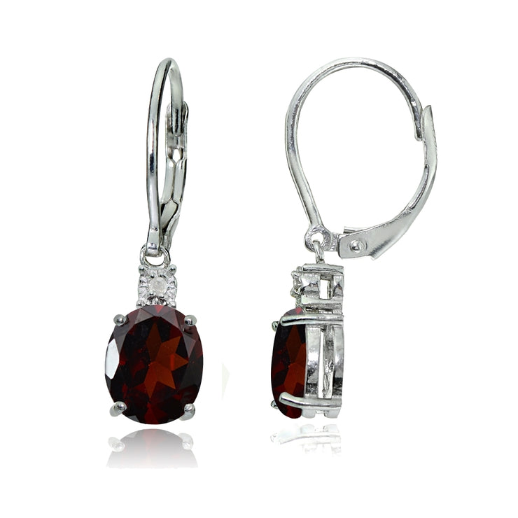 Sterling Silver African Garnet and Diamond Accent Oval Dangling Leverback Earrings
