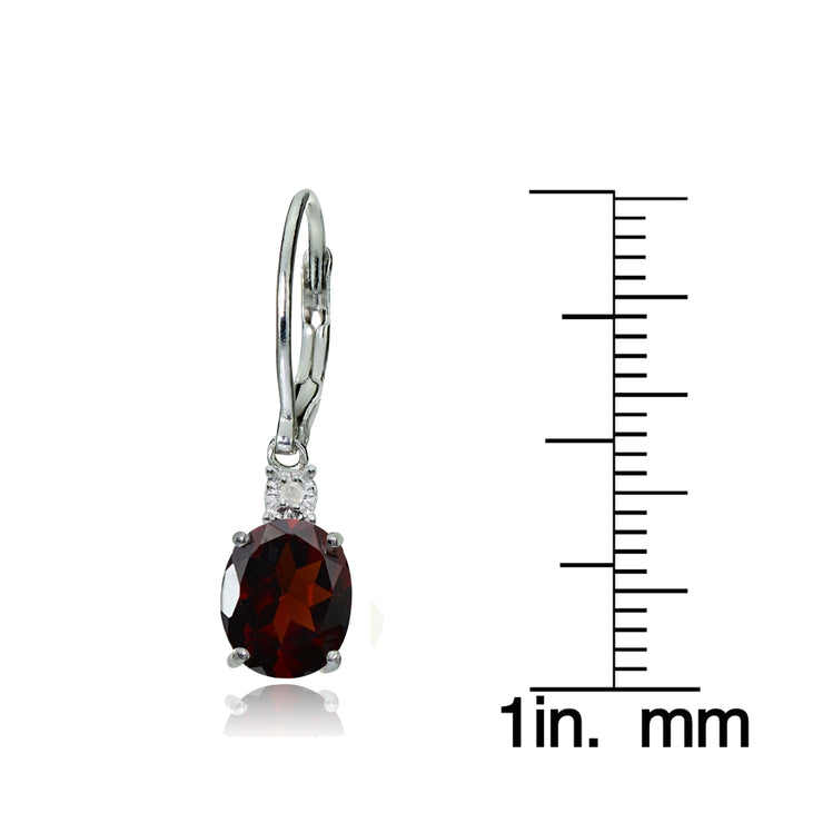 Sterling Silver African Garnet and Diamond Accent Oval Dangling Leverback Earrings