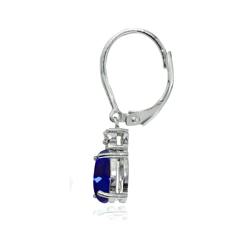 Sterling Silver Created Blue Sapphire and Diamond Accent Oval Dangling Leverback Earrings-2