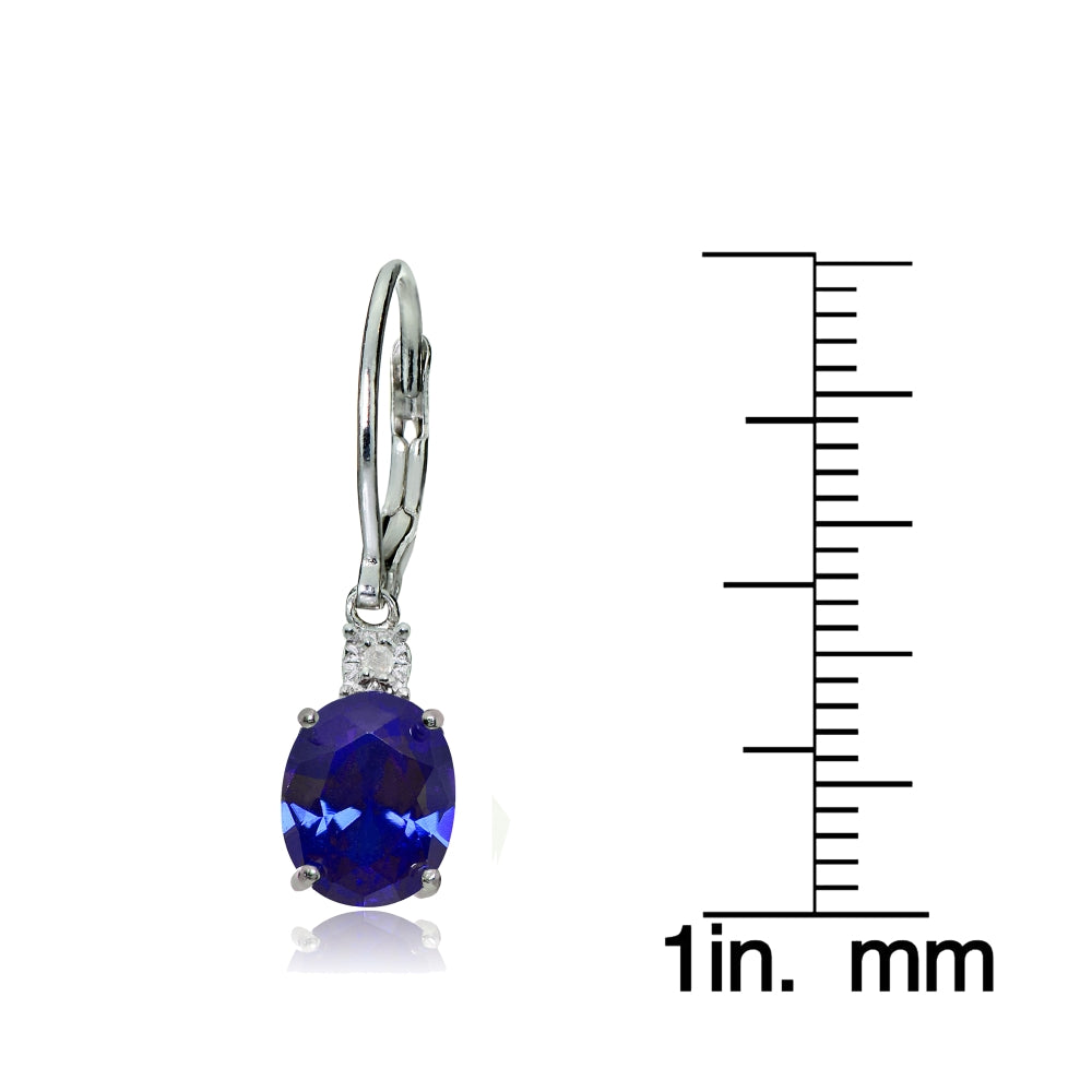 Sterling Silver Created Blue Sapphire and Diamond Accent Oval Dangling Leverback Earrings-3