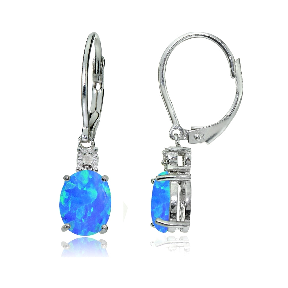 Sterling Silver Created Blue Opal and Diamond Accent Oval Dangling Leverback Earrings