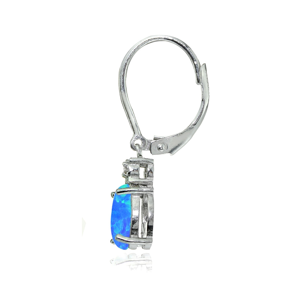 Sterling Silver Created Blue Opal and Diamond Accent Oval Dangling Leverback Earrings-2