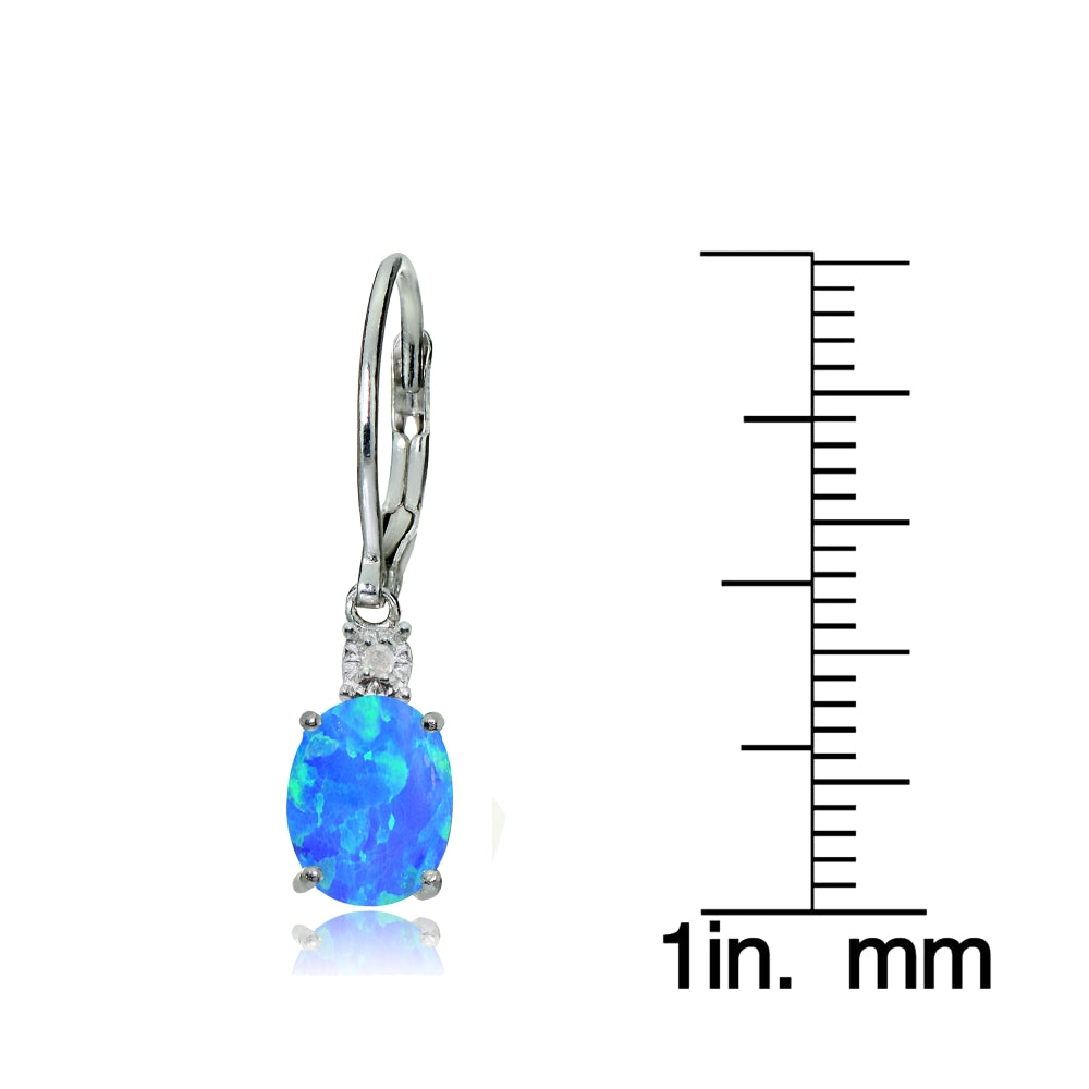 Sterling Silver Created Blue Opal and Diamond Accent Oval Dangling Leverback Earrings-3