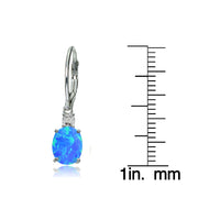 Sterling Silver Created Blue Opal and Diamond Accent Oval Dangling Leverback Earrings
