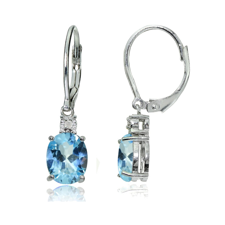 Sterling Silver Blue Topaz and Diamond Accent Oval Dangling Leverback Earrings