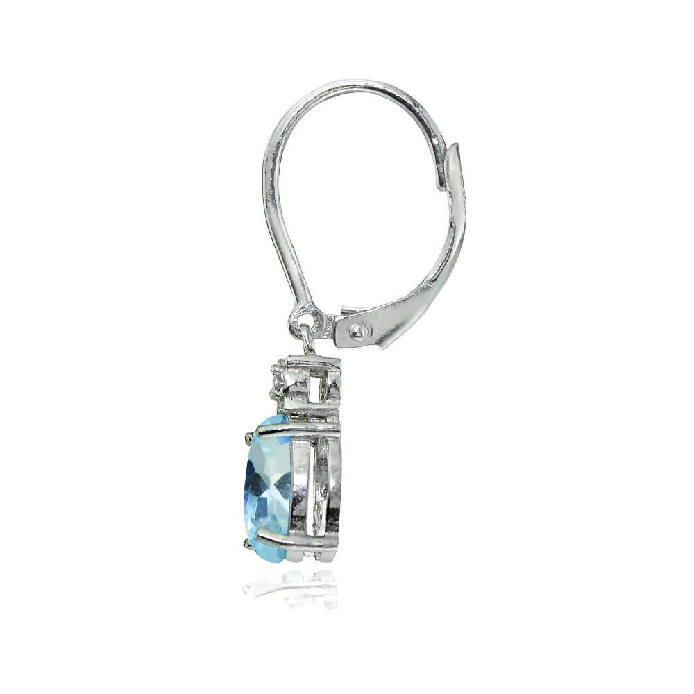 Sterling Silver Blue Topaz and Diamond Accent Oval Dangling Leverback Earrings-2