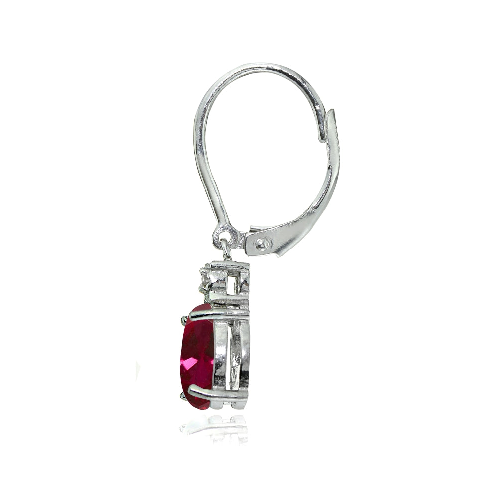 Sterling Silver Created Ruby and Diamond Accent Oval Dangling Leverback Earrings-2
