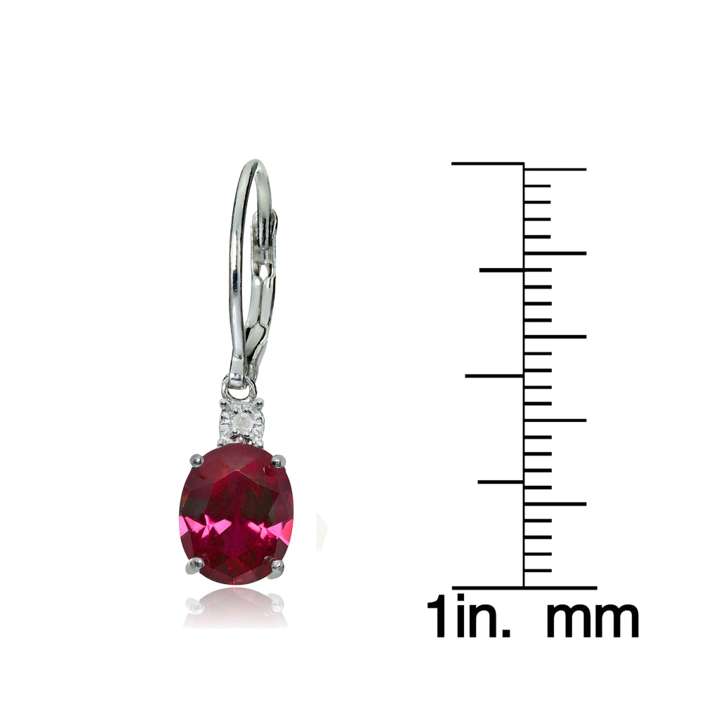 Sterling Silver Created Ruby and Diamond Accent Oval Dangling Leverback Earrings-3