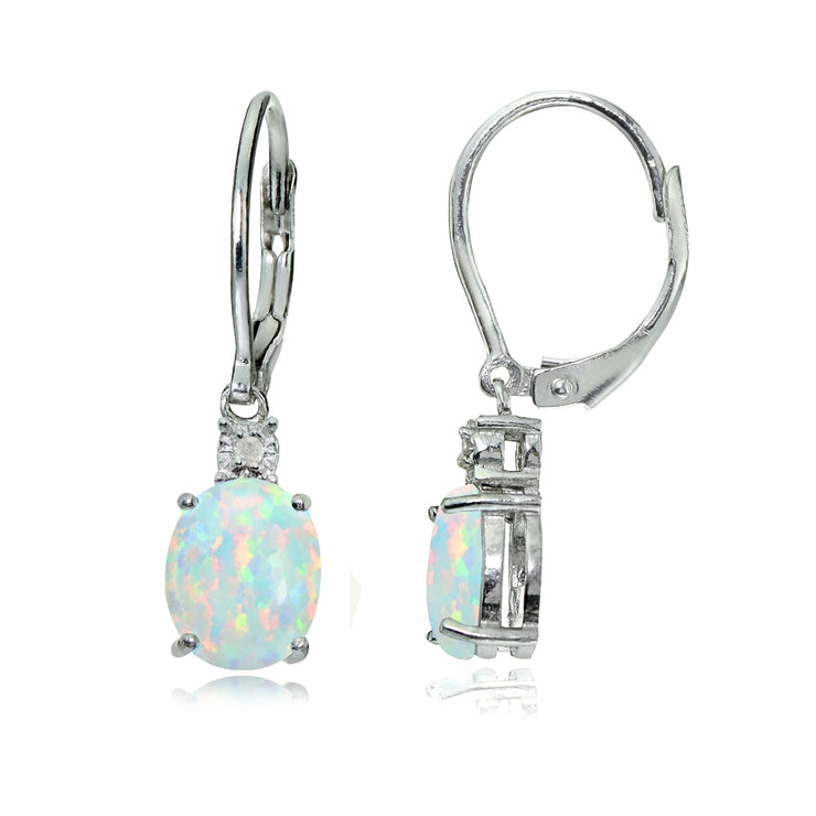Sterling Silver Created White Opal and Diamond Accent Oval Dangling Leverback Earrings
