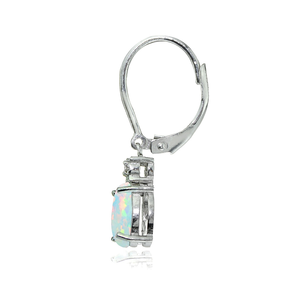 Sterling Silver Created White Opal and Diamond Accent Oval Dangling Leverback Earrings-2