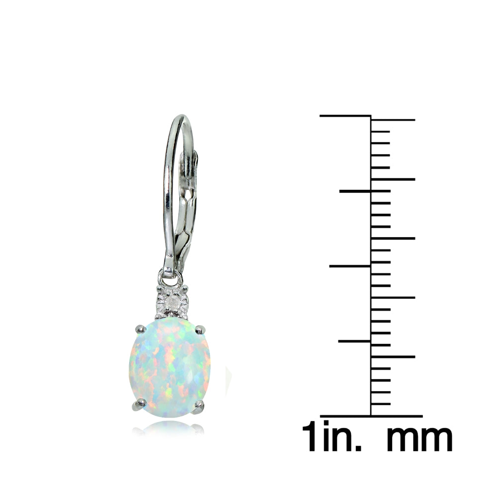 Sterling Silver Created White Opal and Diamond Accent Oval Dangling Leverback Earrings-3