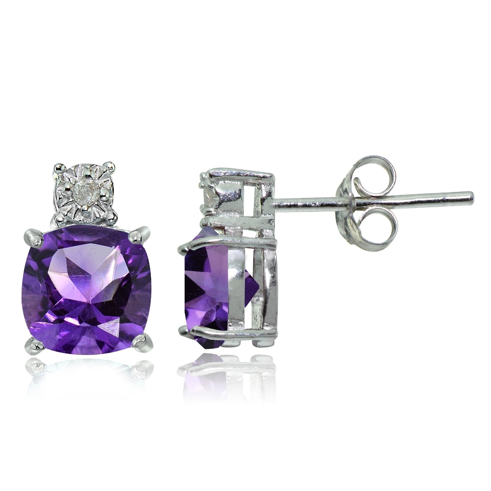 Sterling Silver African Amethyst and Diamond Accent Cushion-cut Drop Stud Earrings