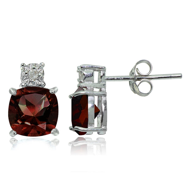 Sterling Silver African Garnet and Diamond Accent Cushion-cut Drop Stud Earrings