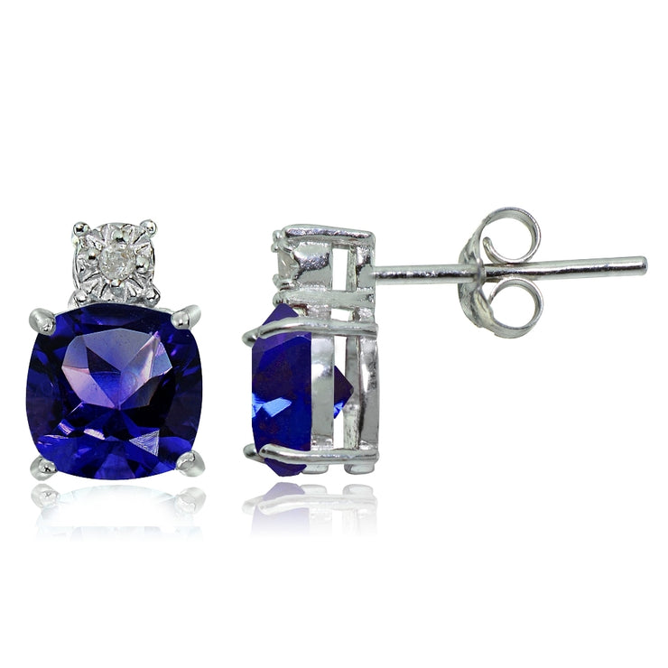 Sterling Silver Created Blue Sapphire and Diamond Accent Cushion-cut Drop Stud Earrings