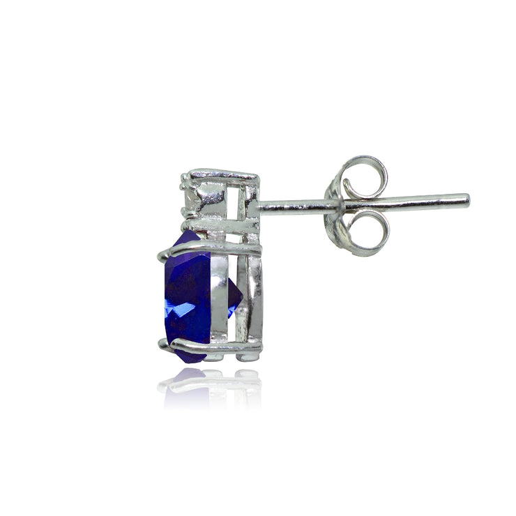 Sterling Silver Created Blue Sapphire and Diamond Accent Cushion-cut Drop Stud Earrings