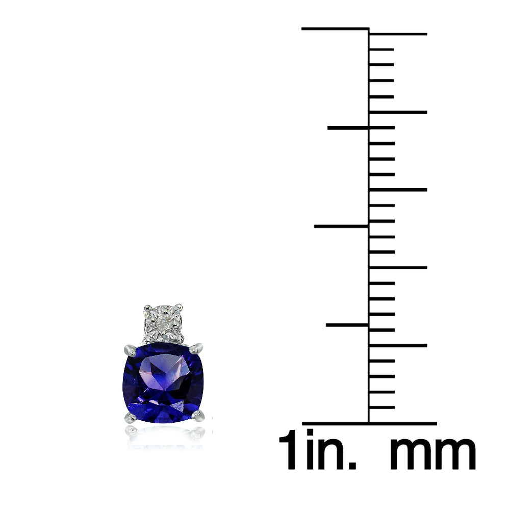 Sterling Silver Created Blue Sapphire and Diamond Accent Cushion-cut Drop Stud Earrings-3