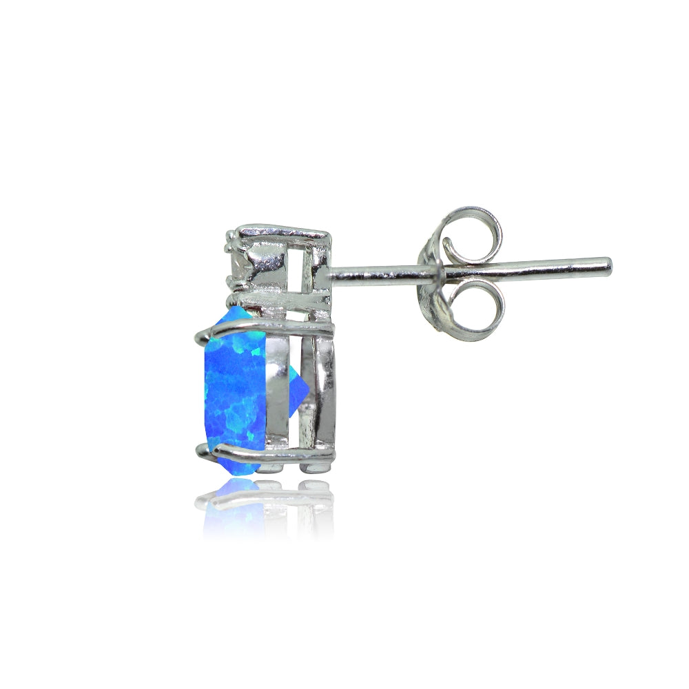 Sterling Silver Created Blue Opal and Diamond Accent Cushion-cut Drop Stud Earrings-2