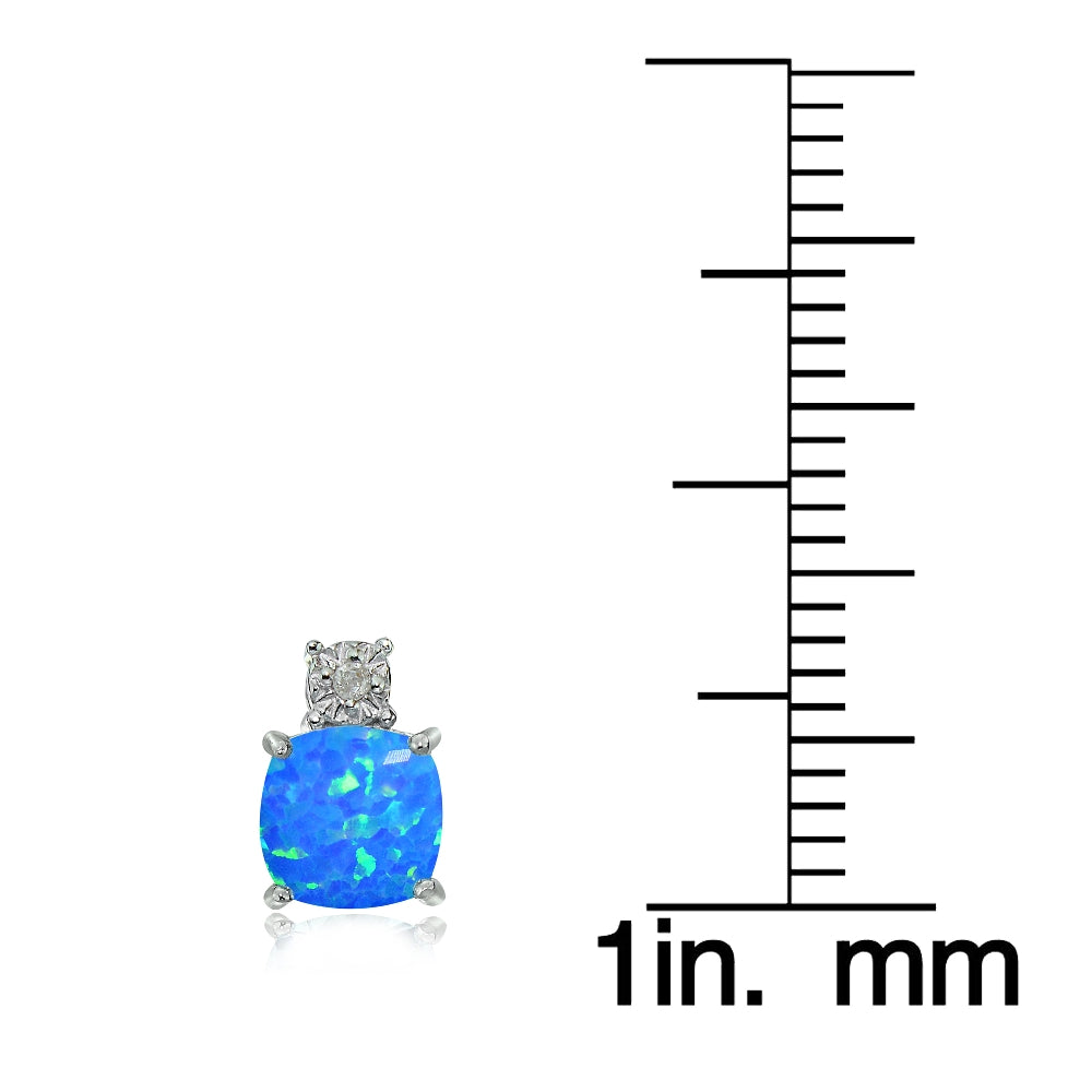 Sterling Silver Created Blue Opal and Diamond Accent Cushion-cut Drop Stud Earrings-3