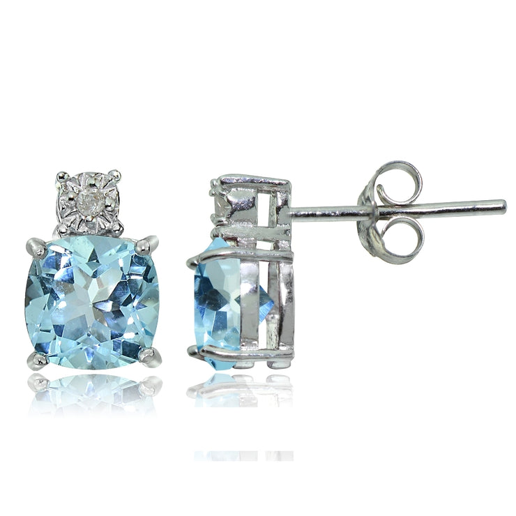 Sterling Silver Blue Topaz and Diamond Accent Cushion-cut Drop Stud Earrings