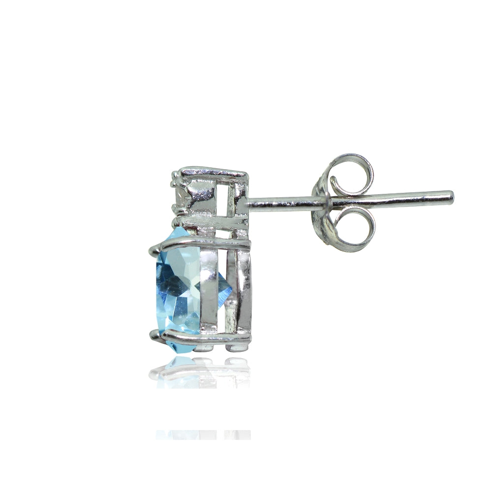 Sterling Silver Blue Topaz and Diamond Accent Cushion-cut Drop Stud Earrings-2