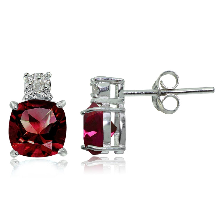 Sterling Silver Created Ruby and Diamond Accent Cushion-cut Drop Stud Earrings