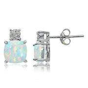 Sterling Silver Created White Opal and Diamond Accent Cushion-cut Drop Stud Earrings