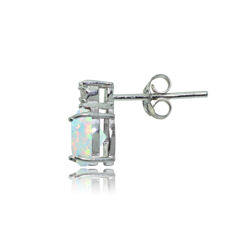 Sterling Silver Created White Opal and Diamond Accent Cushion-cut Drop Stud Earrings-2
