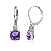 Sterling Silver African Amethyst and Diamond Accent Cushion-cut Dangling Leverback Earrings
