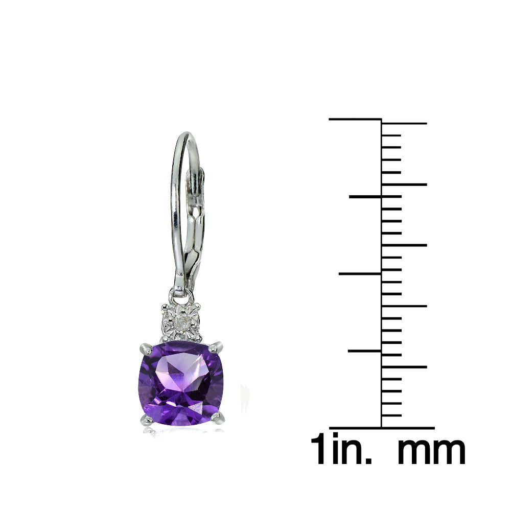 Sterling Silver African Amethyst and Diamond Accent Cushion-cut Dangling Leverback Earrings-3