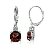 Sterling Silver African Garnet and Diamond Accent Cushion-cut Dangling Leverback Earrings