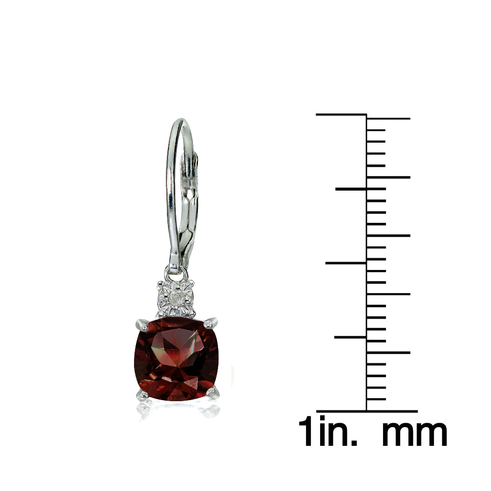 Sterling Silver African Garnet and Diamond Accent Cushion-cut Dangling Leverback Earrings-3
