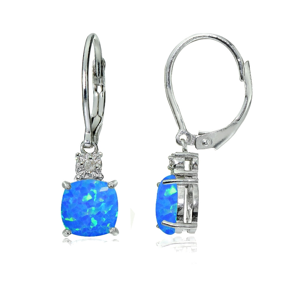 Sterling Silver Created Blue Opal and Diamond Accent Cushion-cut Dangling Leverback Earrings