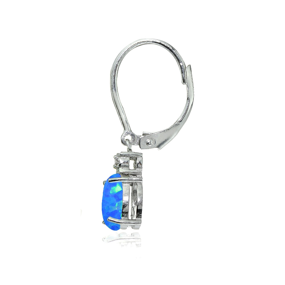 Sterling Silver Created Blue Opal and Diamond Accent Cushion-cut Dangling Leverback Earrings-2
