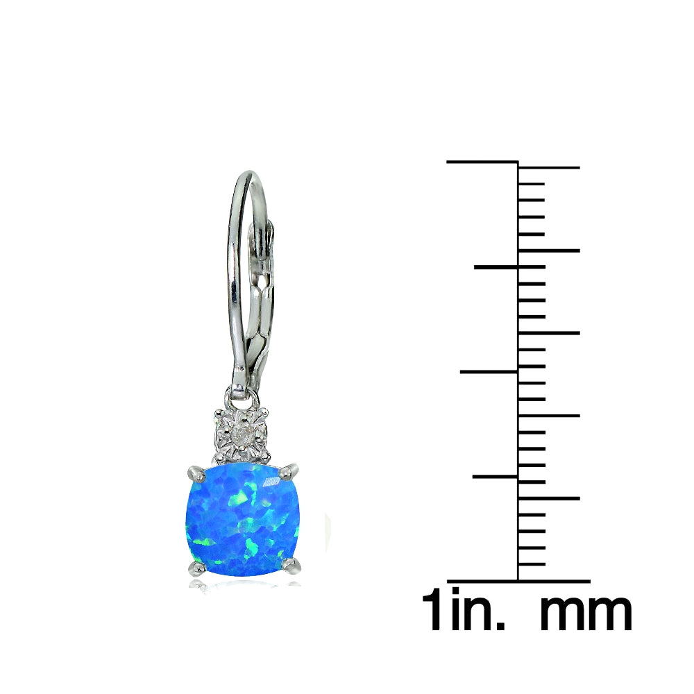 Sterling Silver Created Blue Opal and Diamond Accent Cushion-cut Dangling Leverback Earrings-3