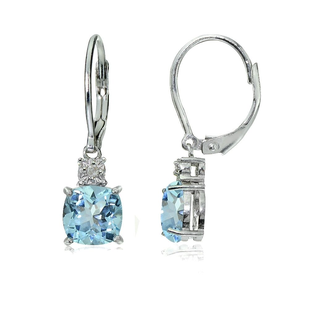 Sterling Silver Blue Topaz and Diamond Accent Cushion-cut Dangling Leverback Earrings
