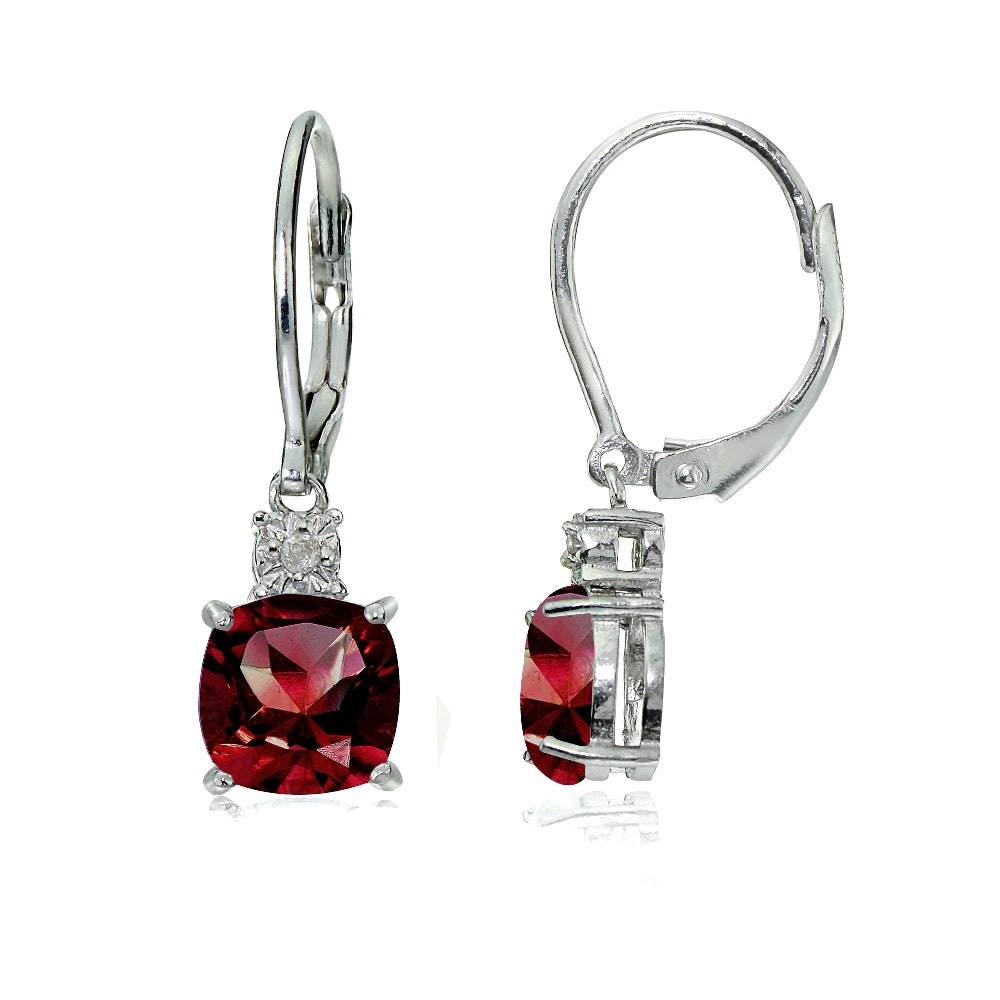 Sterling Silver Created Ruby and Diamond Accent Cushion-cut Dangling Leverback Earrings