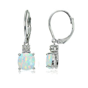 Sterling Silver Created White Opal and Diamond Accent Cushion-cut Dangling Leverback Earrings