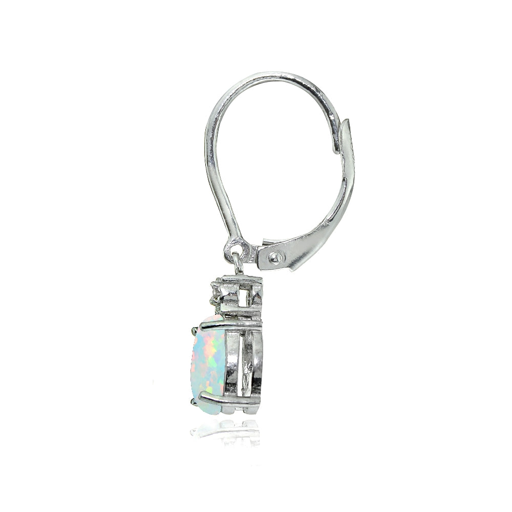 Sterling Silver Created White Opal and Diamond Accent Cushion-cut Dangling Leverback Earrings-2
