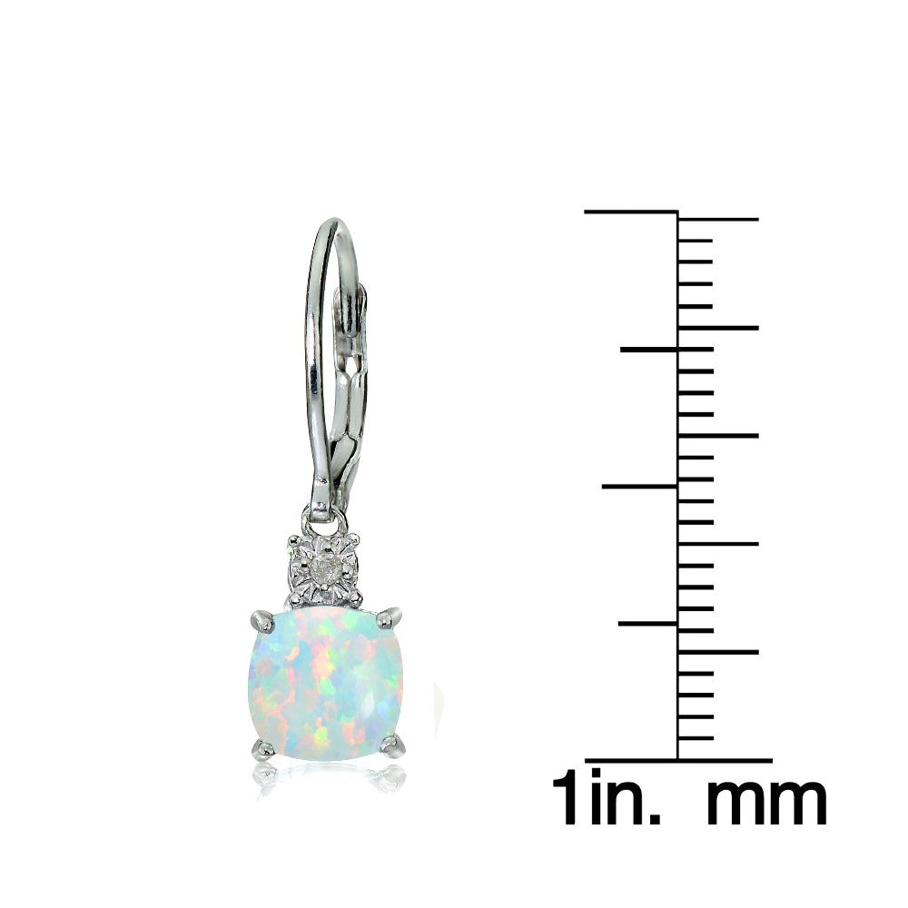 Sterling Silver Created White Opal and Diamond Accent Cushion-cut Dangling Leverback Earrings-3